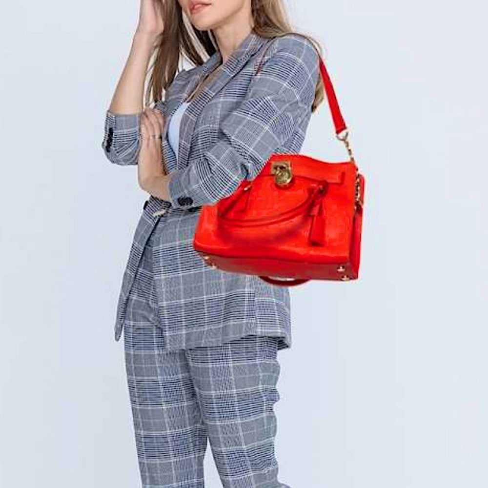 Red leather shoulder bag top handle satchel bag Michael Kors Hamilton purse - Picture 3 of 13